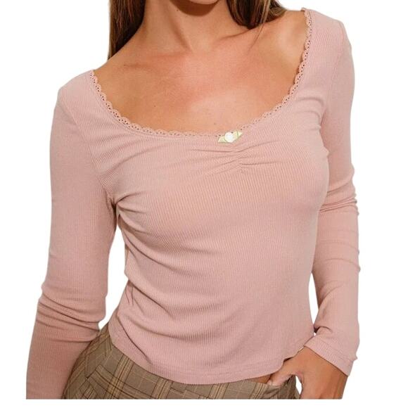 Pretty Garbage Top Women L Pink Ribbed Knit Scoop Neck Dainty Lace Soft Feminine - Picture 1 of 16